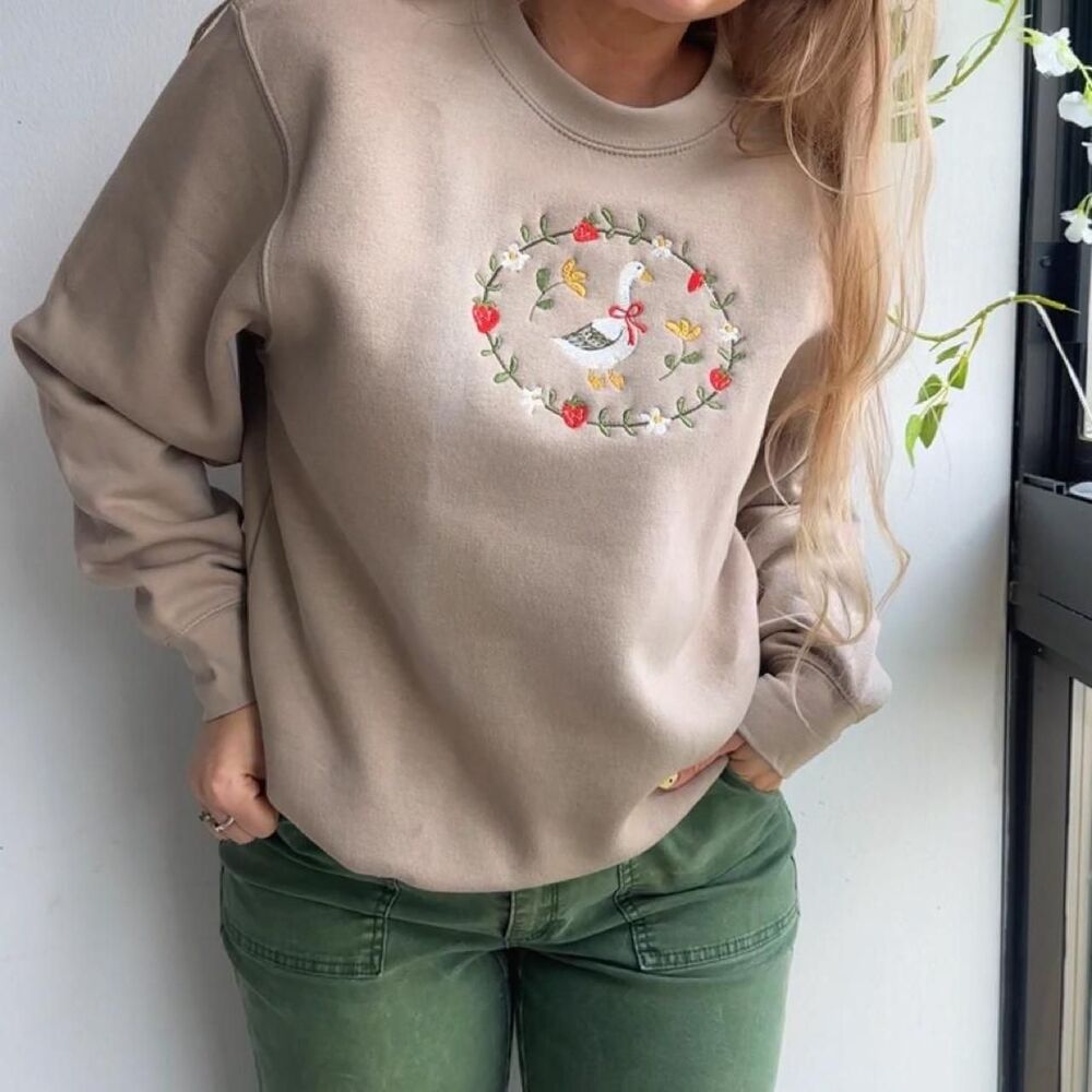 NWT Beige embroidered silly goose strawberry crewneck - Picture 5 of 6